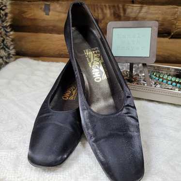 Vintage Black Leather Pumps Crannu Nero Fabric wi… - image 1