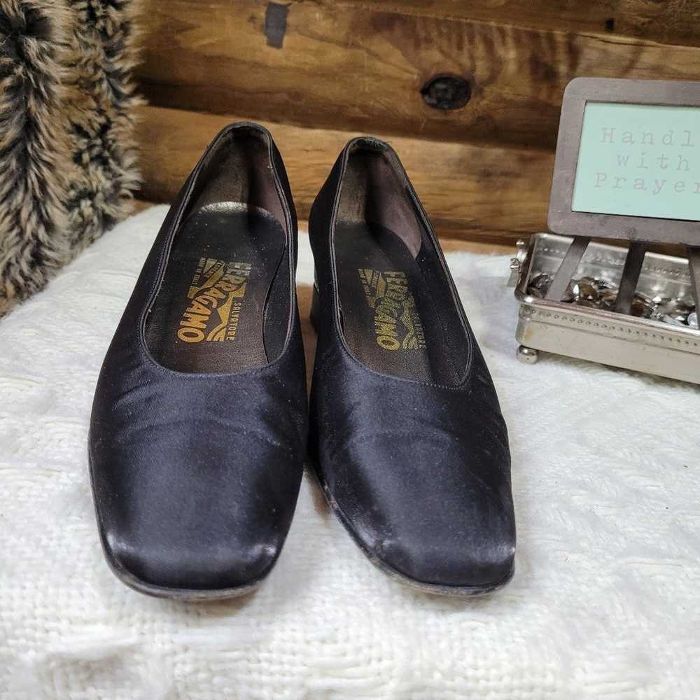 Vintage Black Leather Pumps Crannu Nero Fabric wi… - image 2