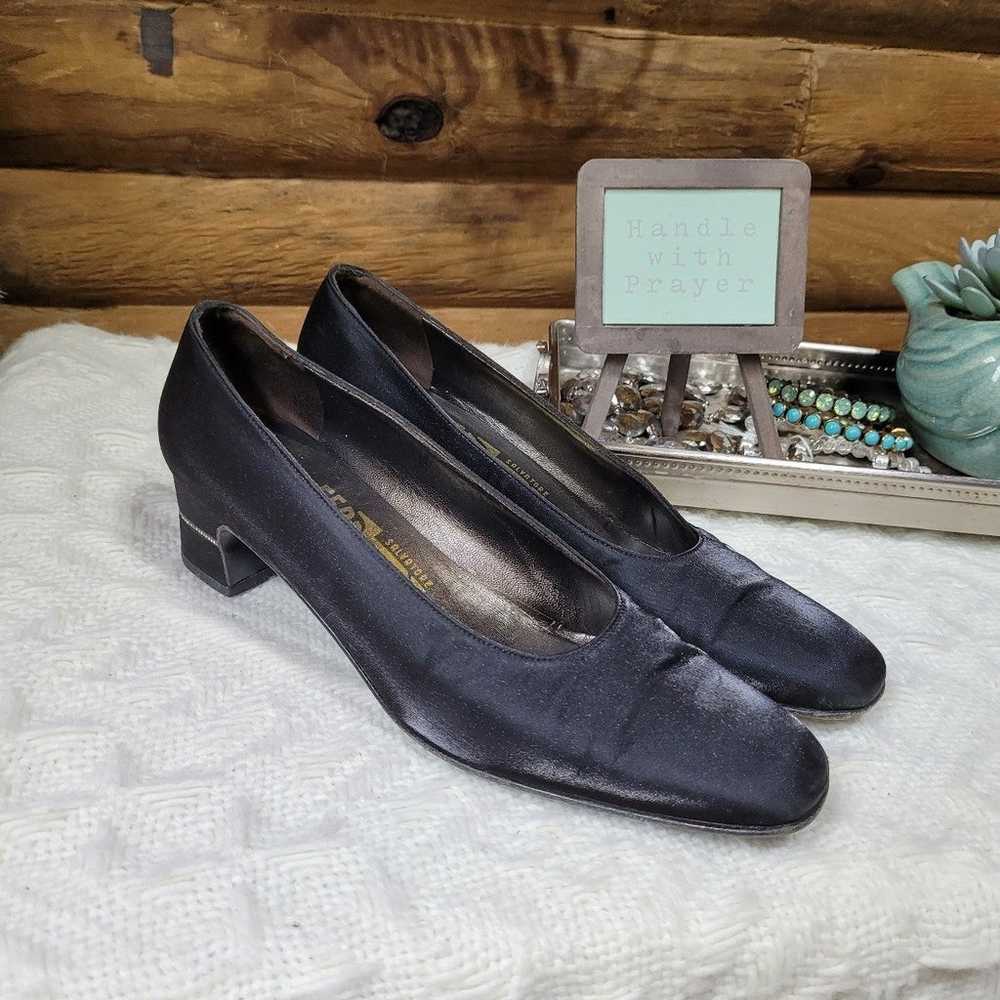 Vintage Black Leather Pumps Crannu Nero Fabric wi… - image 3