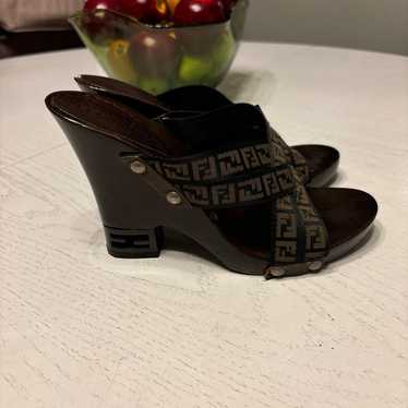 Fendi Vintage Brown Zucca Wooden Heel