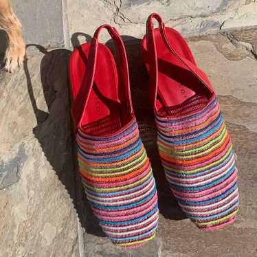 Vintage Karen Scott red & neon striped Slingbacks