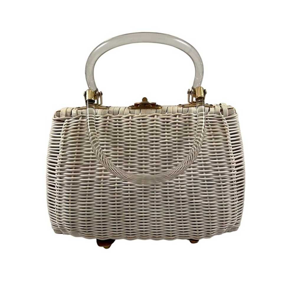 White Wicker Handbag Purse with Lucite Handles Vi… - image 1