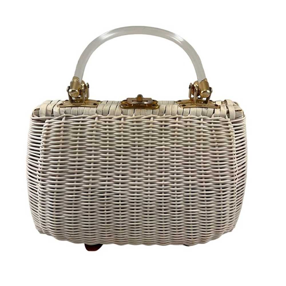 White Wicker Handbag Purse with Lucite Handles Vi… - image 2