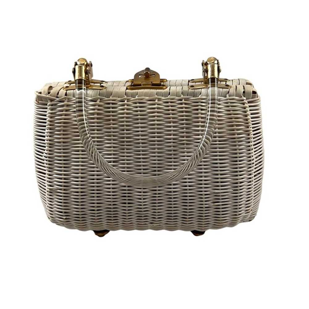 White Wicker Handbag Purse with Lucite Handles Vi… - image 5