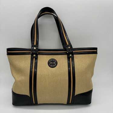 Tory Burch Straw Saddle Jane Tote Bag Black Gold … - image 1