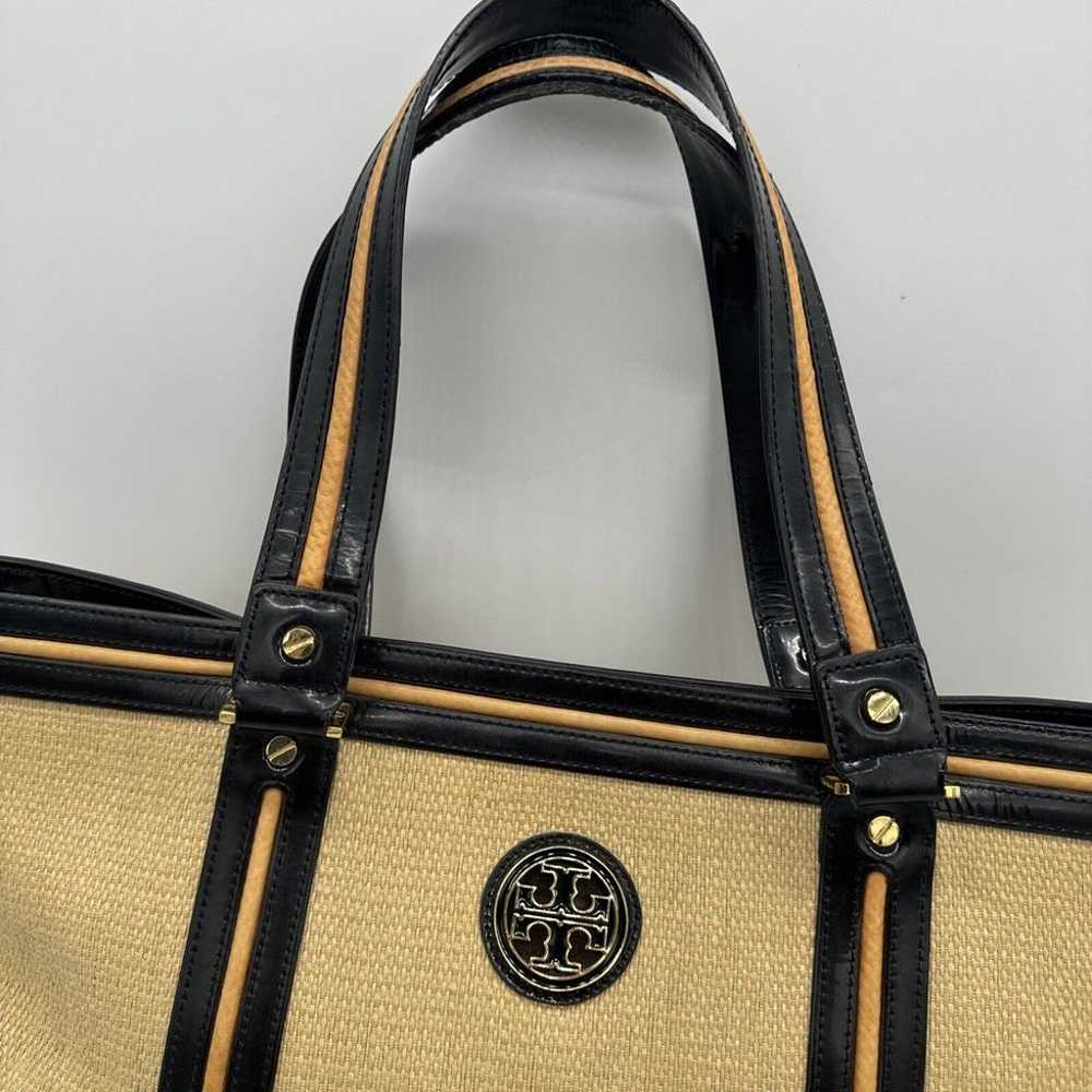 Tory Burch Straw Saddle Jane Tote Bag Black Gold … - image 2