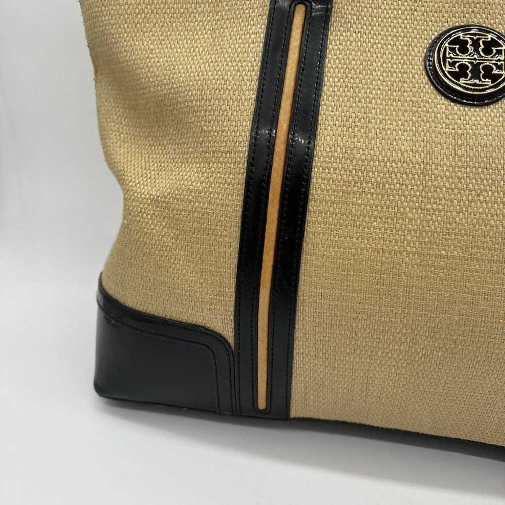 Tory Burch Straw Saddle Jane Tote Bag Black Gold … - image 3