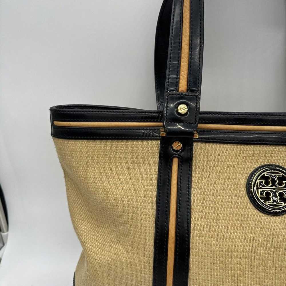 Tory Burch Straw Saddle Jane Tote Bag Black Gold … - image 6