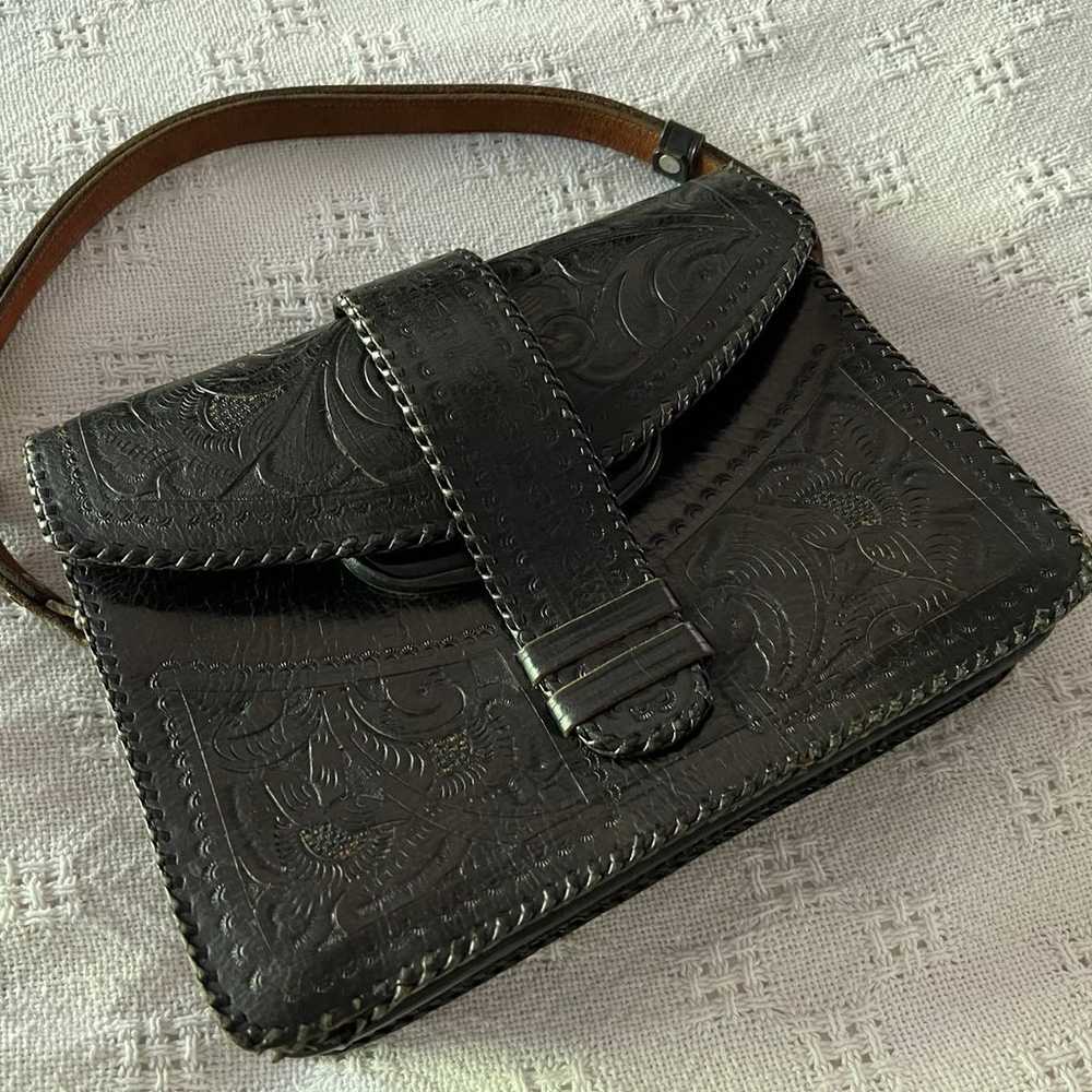 Vintage Black Tooled Leather Handbag Handcrafted - image 1