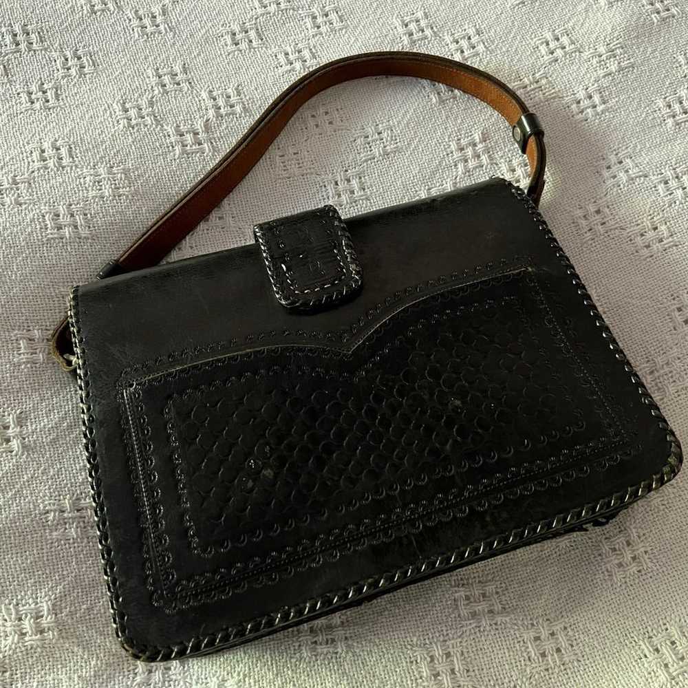 Vintage Black Tooled Leather Handbag Handcrafted - image 2