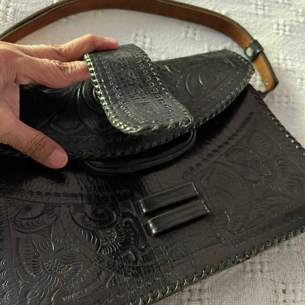 Vintage Black Tooled Leather Handbag Handcrafted - image 3