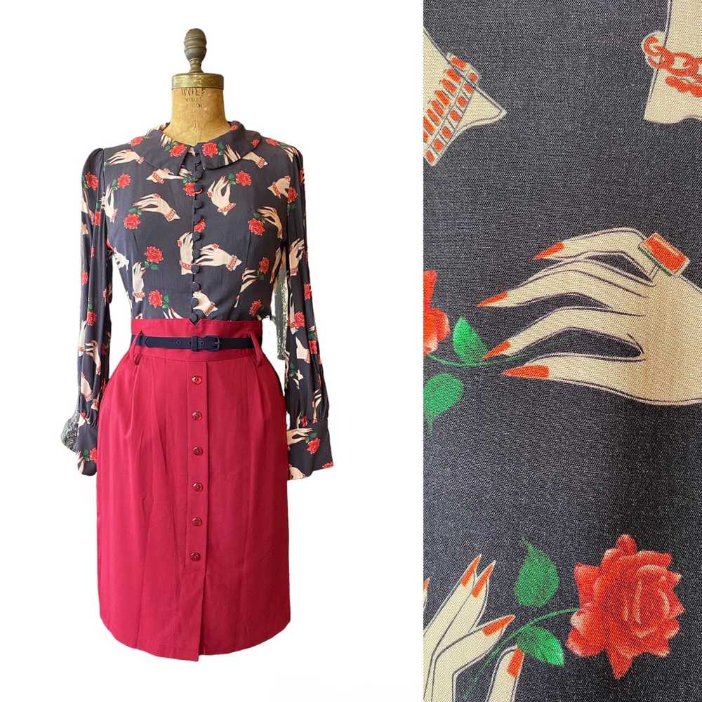 1940s style novelty print reproduction blouse, ha… - image 1