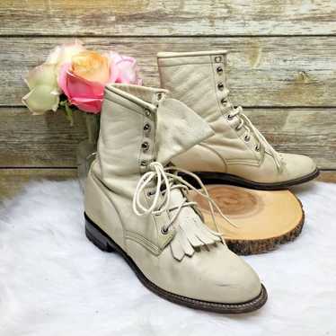 Justin Beige Leather Lace Up Ankle Boots - image 1