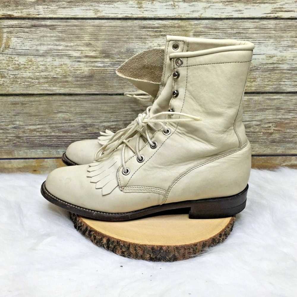 Justin Beige Leather Lace Up Ankle Boots - image 4