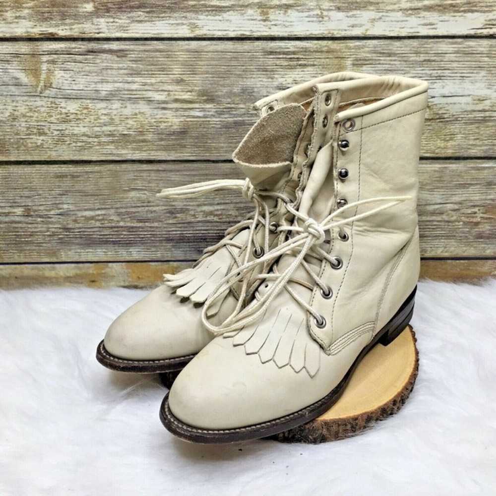 Justin Beige Leather Lace Up Ankle Boots - image 6