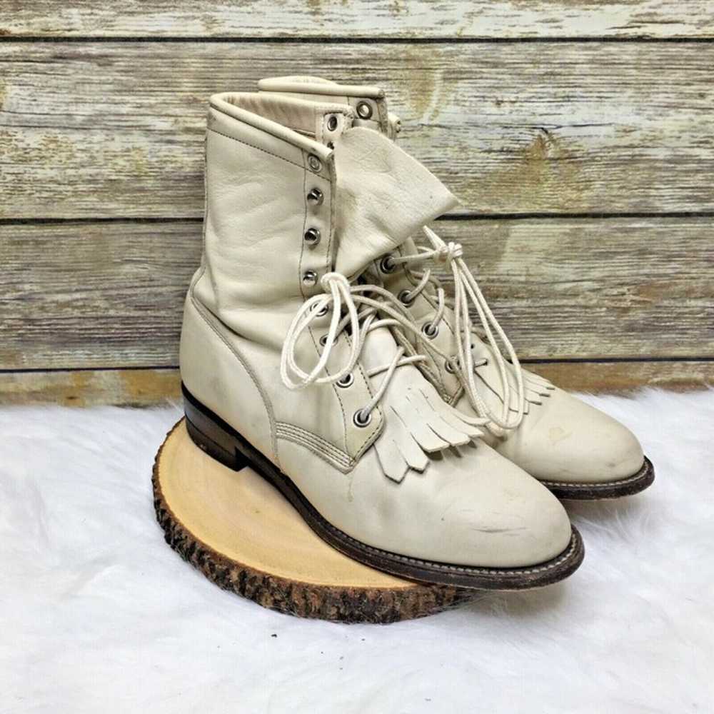 Justin Beige Leather Lace Up Ankle Boots - image 7