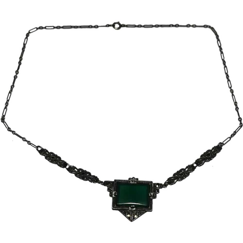 Vintage Art Deco Emerald Green Marcasite Necklace - image 1