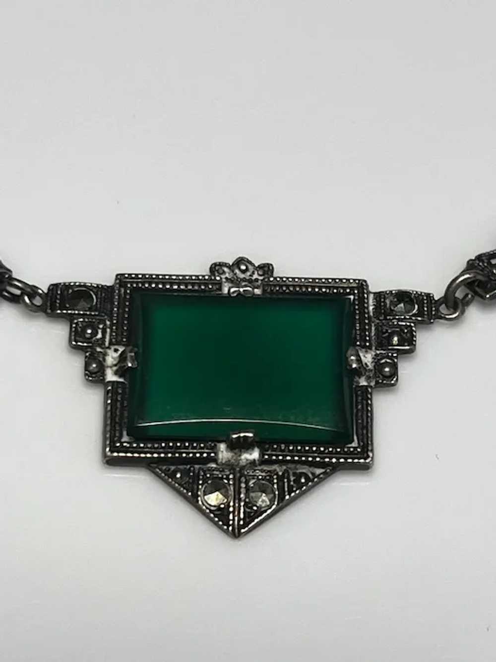 Vintage Art Deco Emerald Green Marcasite Necklace - image 2