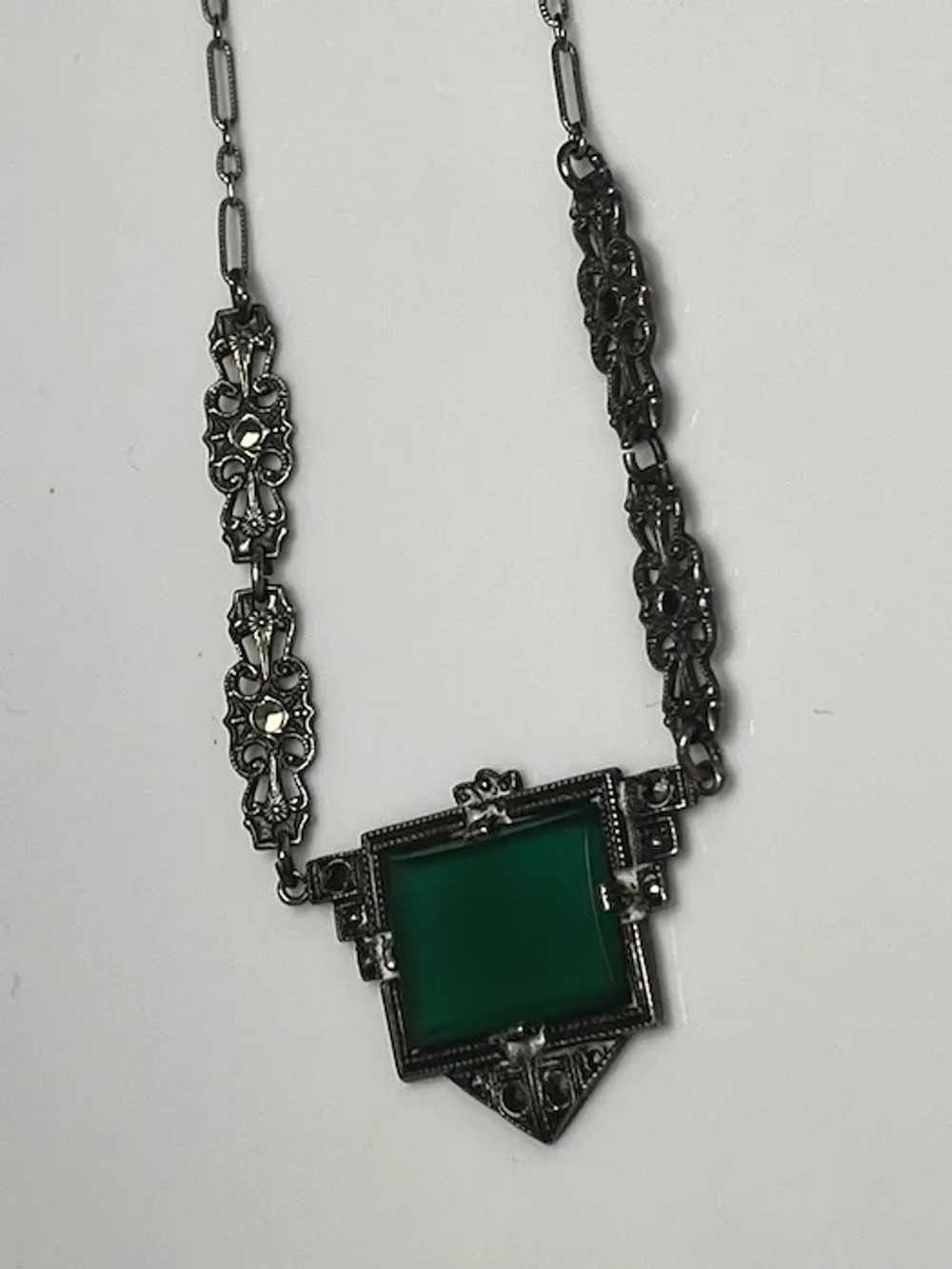 Vintage Art Deco Emerald Green Marcasite Necklace - image 4