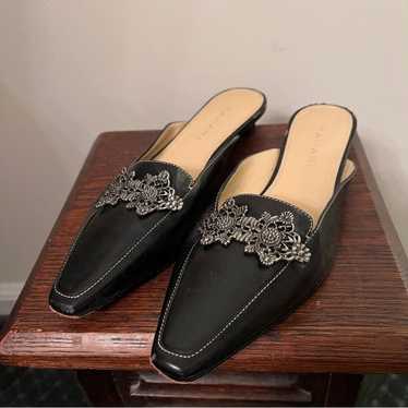 Vintage Tahari Black Leather Embellished Mules