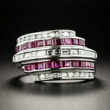 Contemporary Diagonal Five-Row Diamond and Ruby Ri