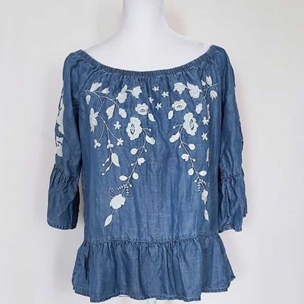 Blue Rain Embroidered Floral Denim Top Bell Sleev… - image 1