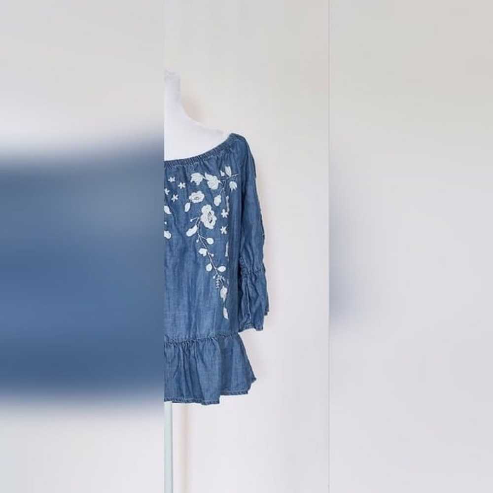 Blue Rain Embroidered Floral Denim Top Bell Sleev… - image 3