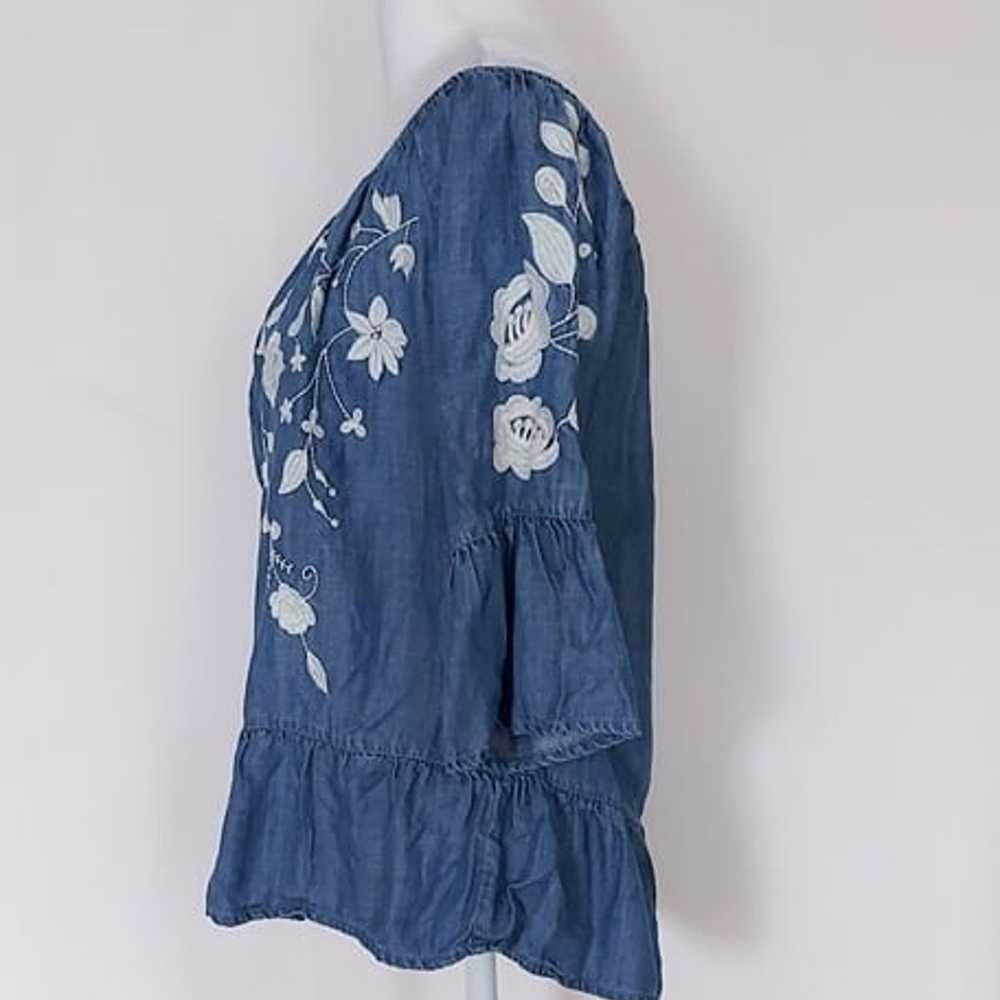 Blue Rain Embroidered Floral Denim Top Bell Sleev… - image 4