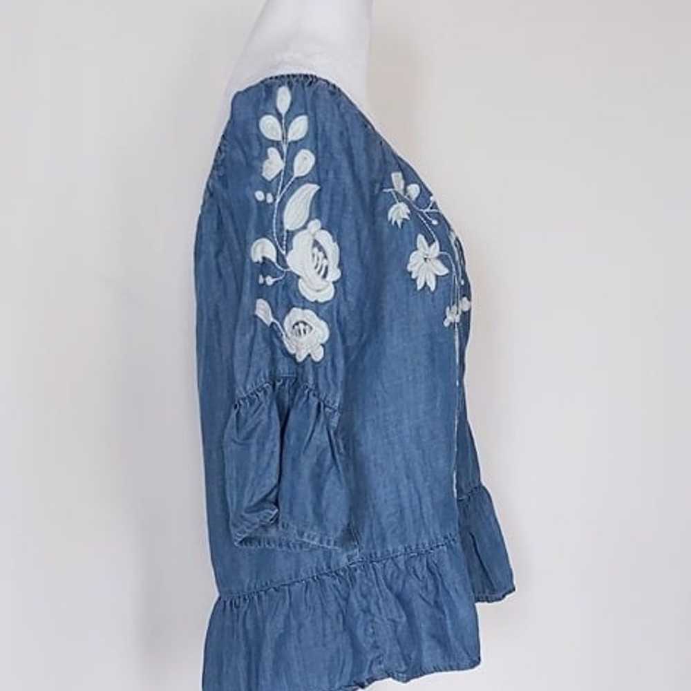 Blue Rain Embroidered Floral Denim Top Bell Sleev… - image 6