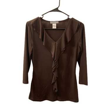 Vintage Suzie Ladies Brown V-Neck Ruffled Blouse … - image 1