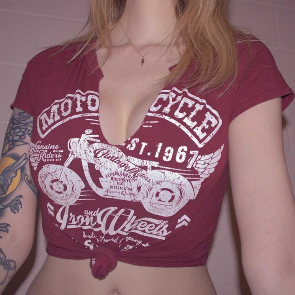 Cut out v-neck motorcycle vintage cropped t-shirt - image 3