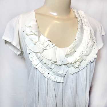 Vintage Ivory Crepe Ruffled Rhinestone Organza Ne… - image 1