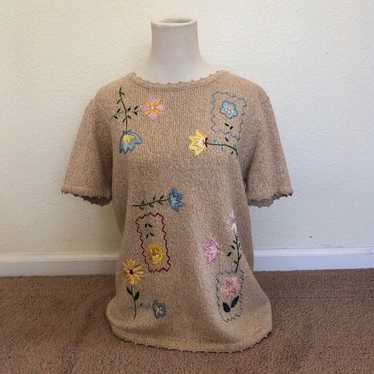 Vintage Salon Studio Beige Knit Shirt with Flowers