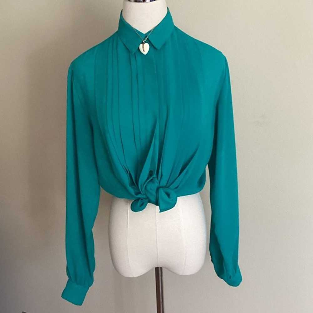 Vintage Teal Green Long Sleeve Blouse Turquoise C… - image 3