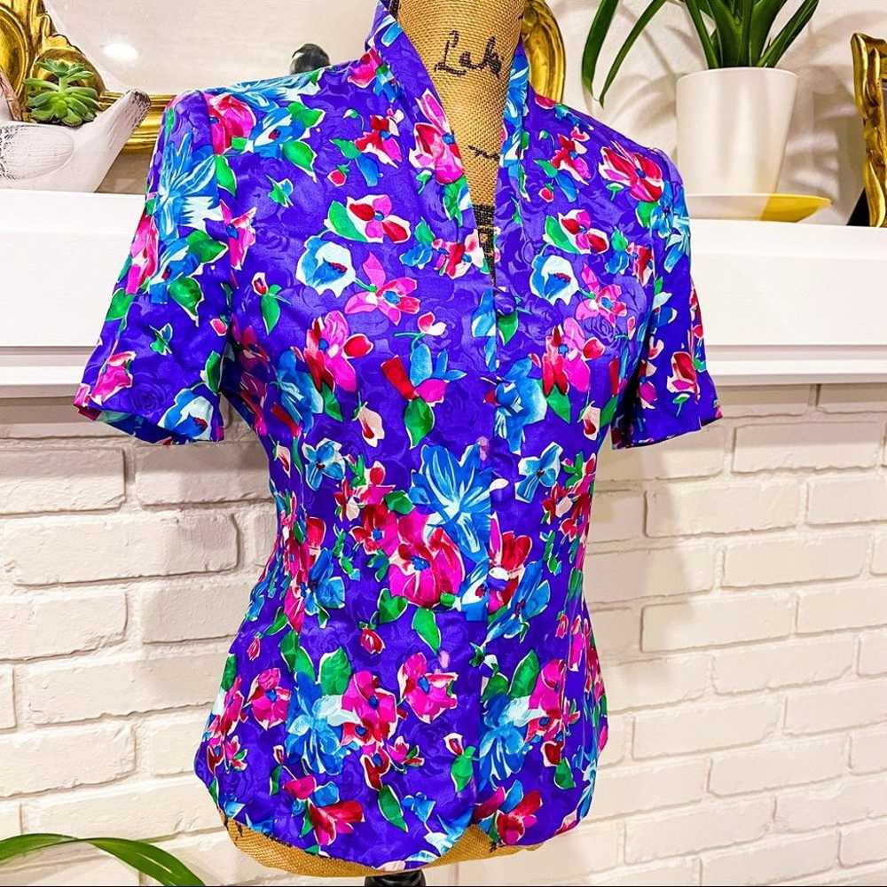 100% SILK Adrianna papell floral 80s blouse - image 1