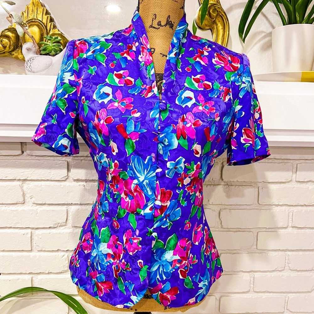 100% SILK Adrianna papell floral 80s blouse - image 3