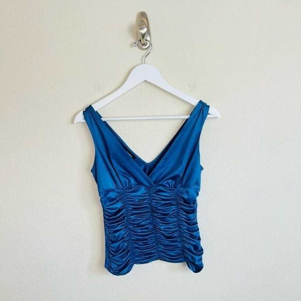 VTG Y2K Blue Shimmer Ruched Smocked V-Neck Tank - image 1