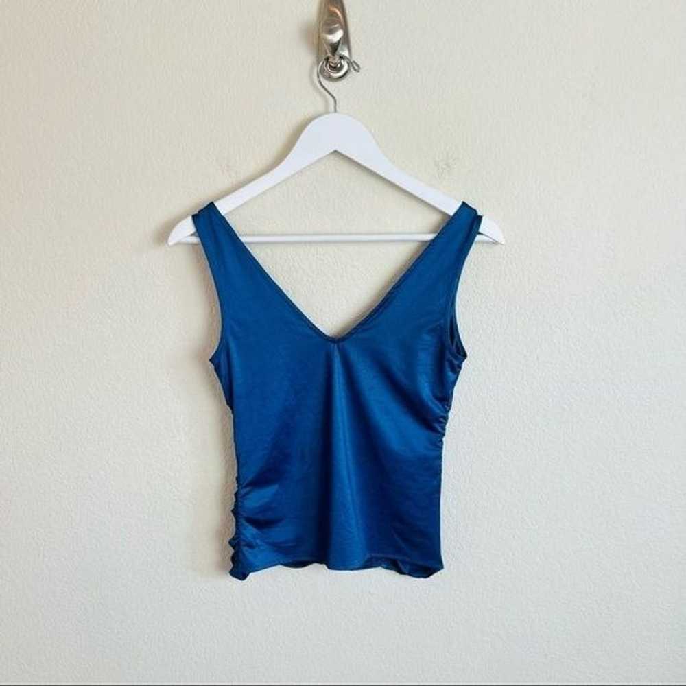 VTG Y2K Blue Shimmer Ruched Smocked V-Neck Tank - image 2