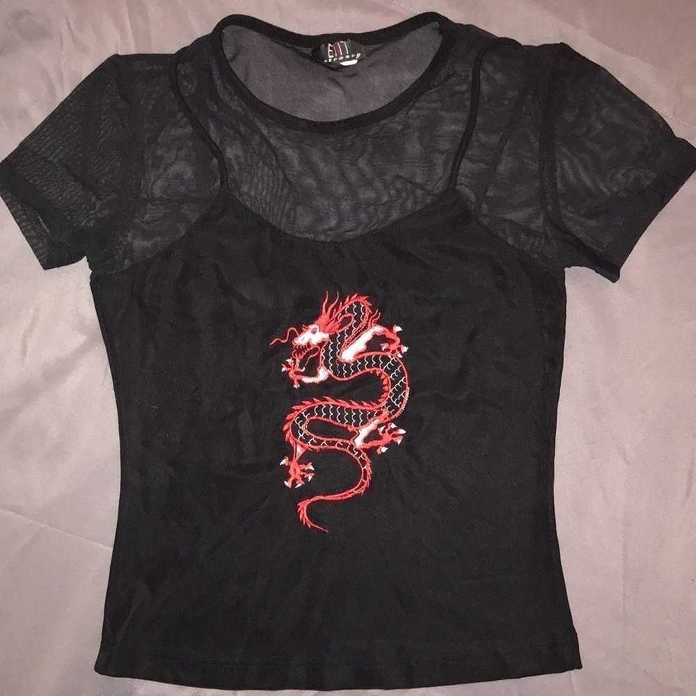 RARE Vintage Mesh Oriental Dragon Short Sleeve Top - image 2