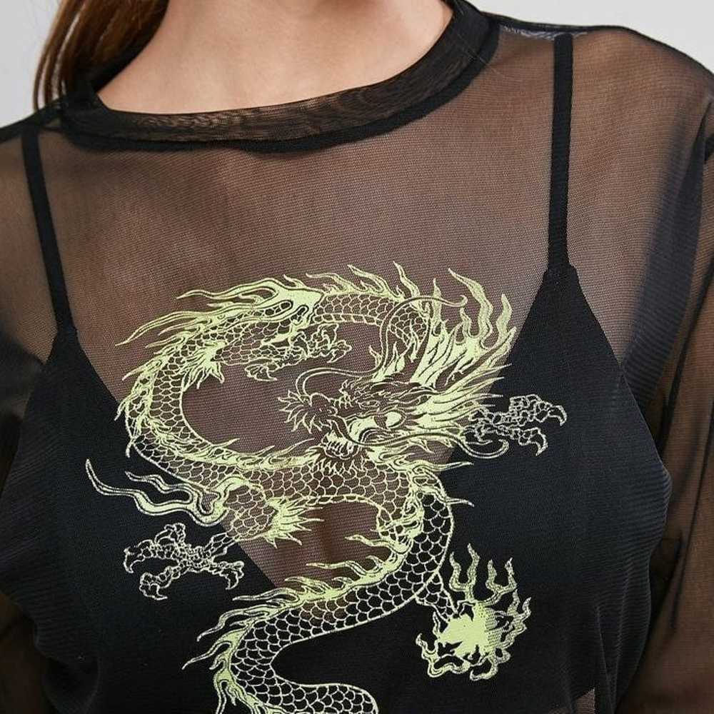 RARE Vintage Mesh Oriental Dragon Short Sleeve Top - image 9