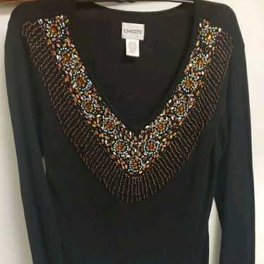 Chicos Beaded Black Knit Top Long Sleeves Size 0 S