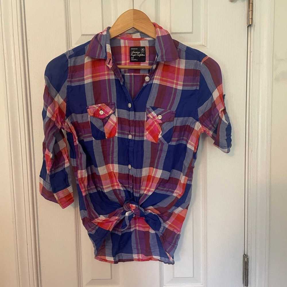 Y2K AEO Tie Front Plaid Western Button Down - image 1