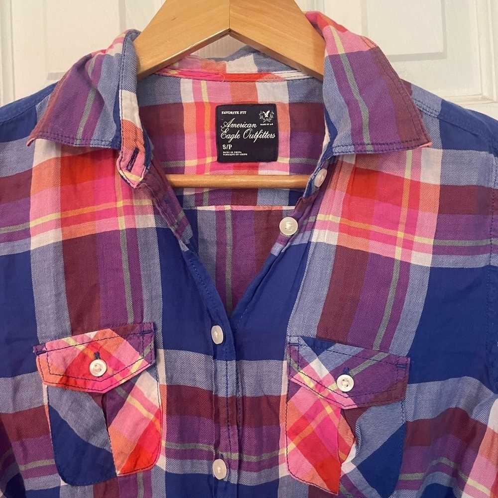 Y2K AEO Tie Front Plaid Western Button Down - image 2