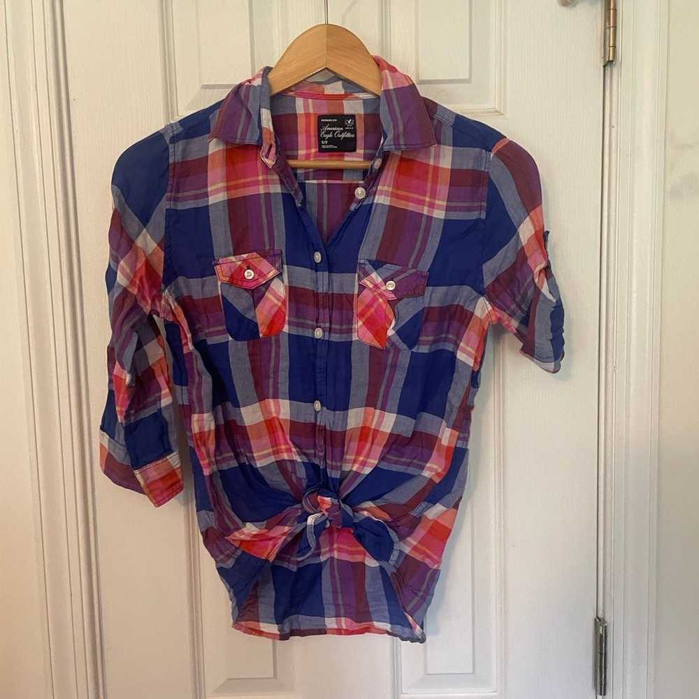 Y2K AEO Tie Front Plaid Western Button Down - image 5