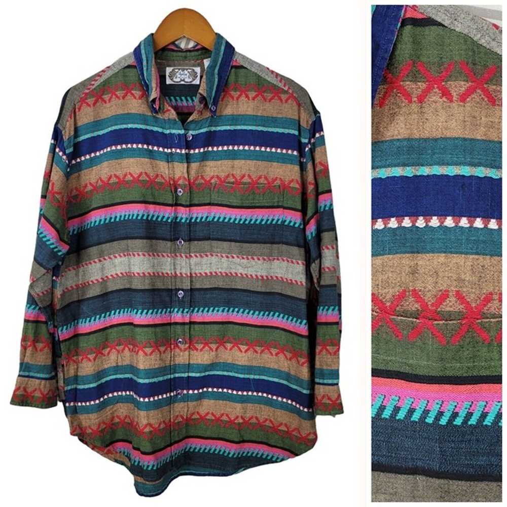 Vintage 90s Top Shirt Button Up Size Medium Aztec… - image 1