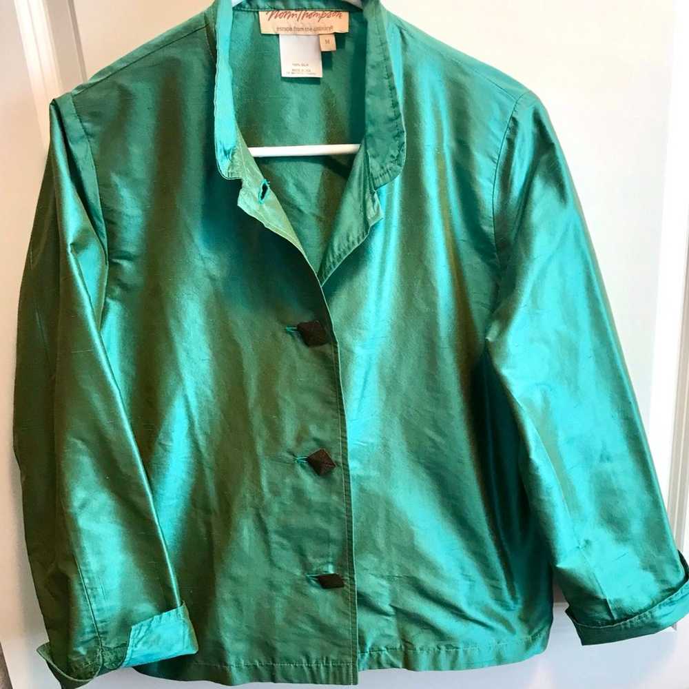 Vintage Norm Thompson Blazer Green 100% Silk Jack… - image 1