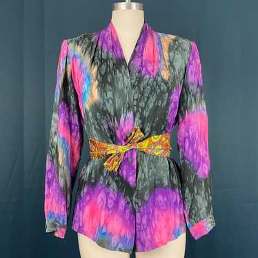 Vintage 70s Silk Marble Tie Dye Long Sleeve Blouse - image 1