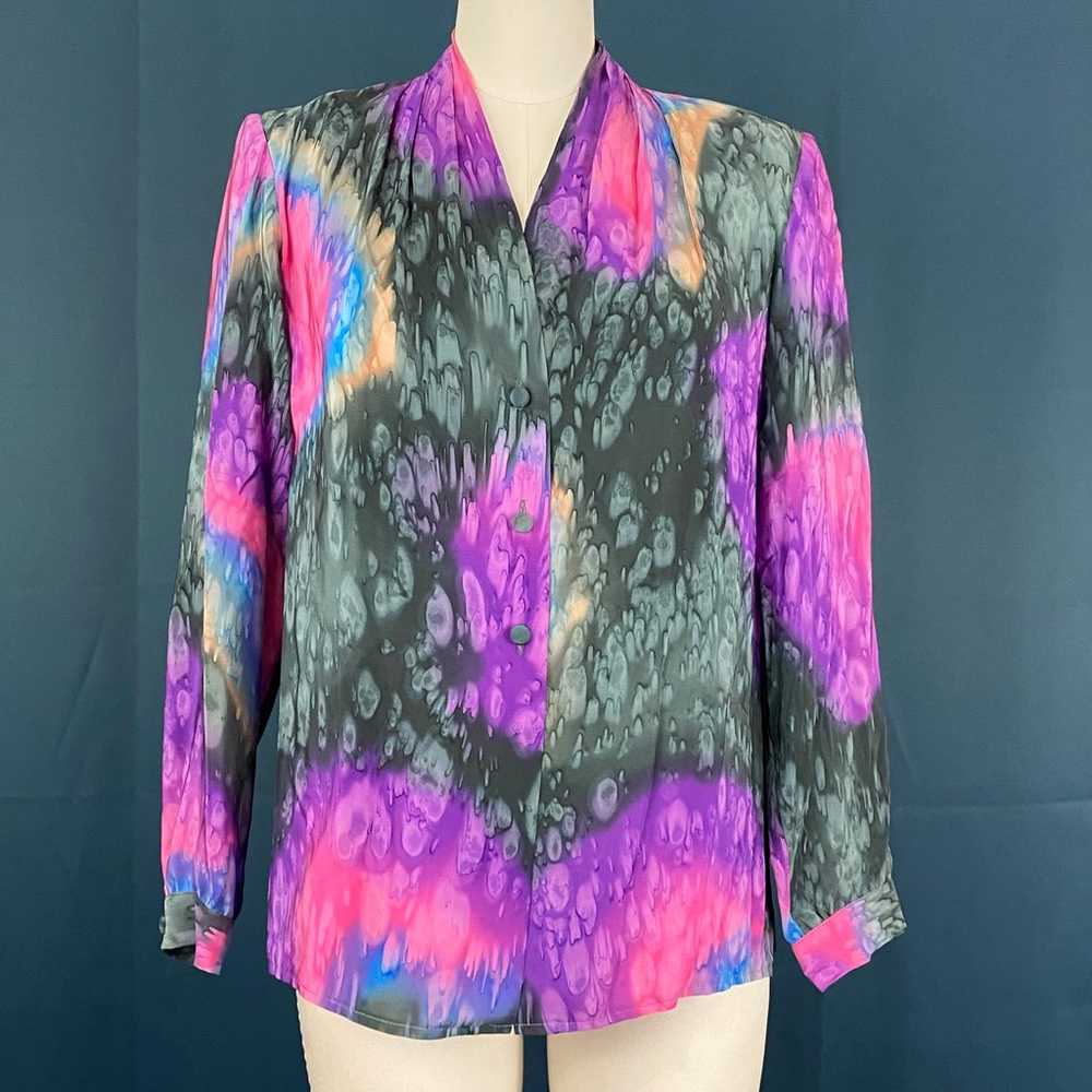 Vintage 70s Silk Marble Tie Dye Long Sleeve Blouse - image 2