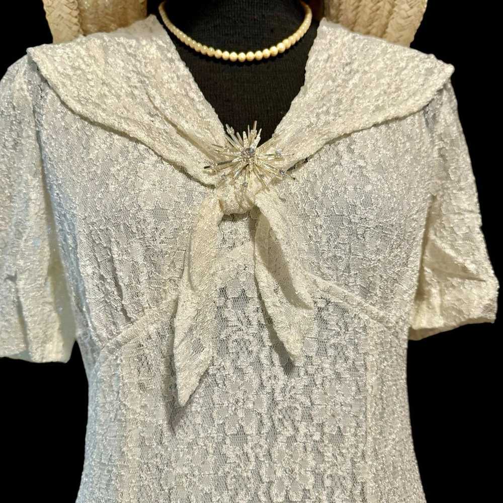 Vintage shabby chic boho white lace dress Sz sm - image 1