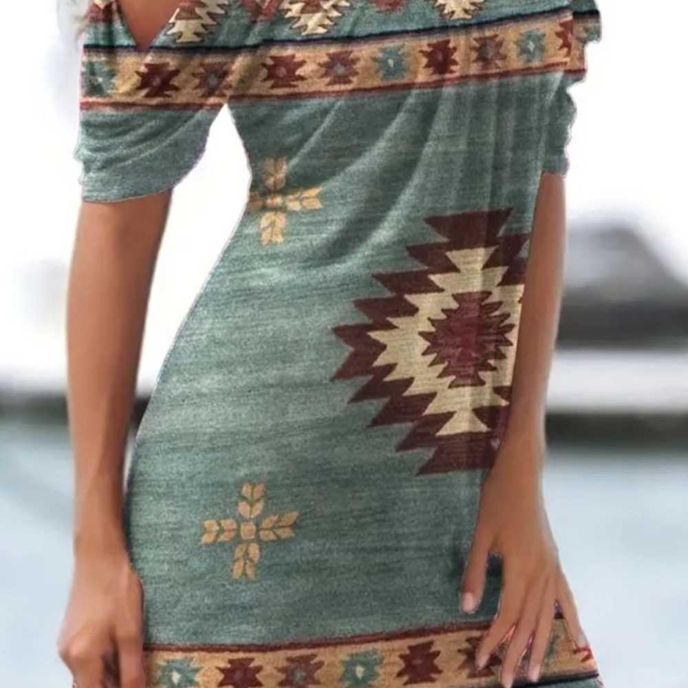 Aztec Print Cold Shoulder Dress, Vintage Scoop Ne… - image 1